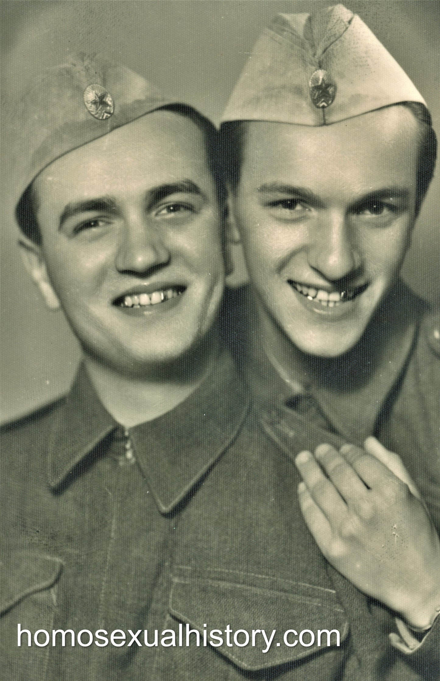Croatia 1950s. Two close soldiers embrace. Portrait.