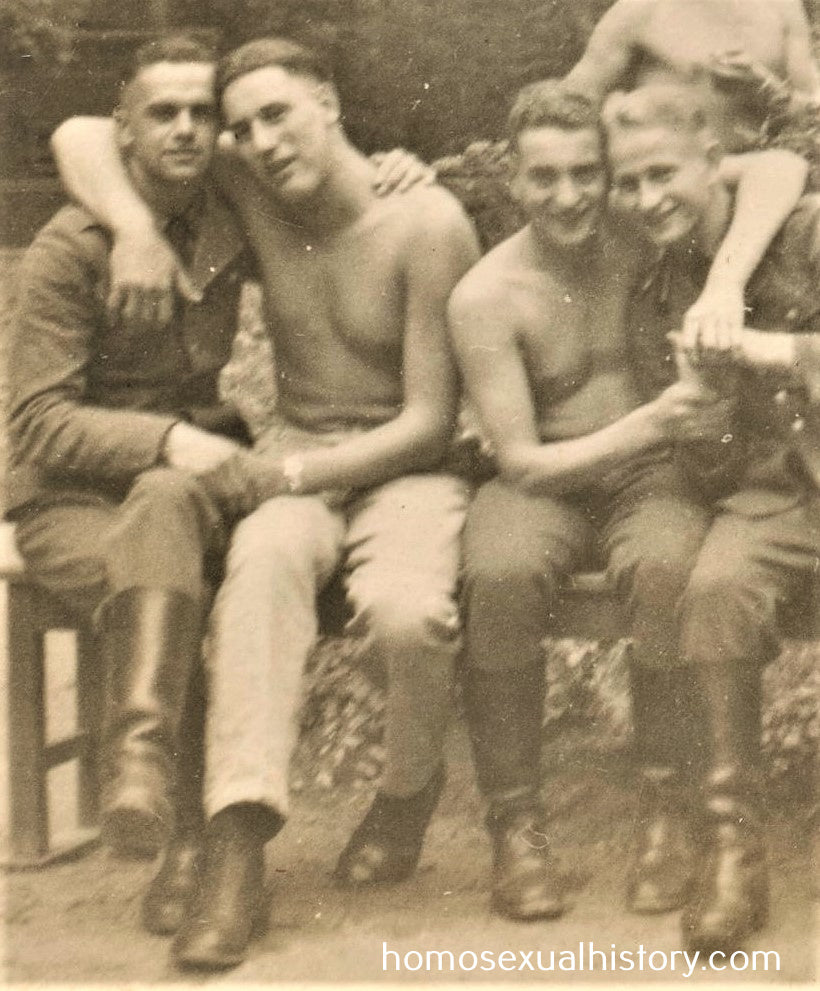 Germany - Military. 1940s WWII. Affectionate army buddies. Shirtless. Arms interlinked