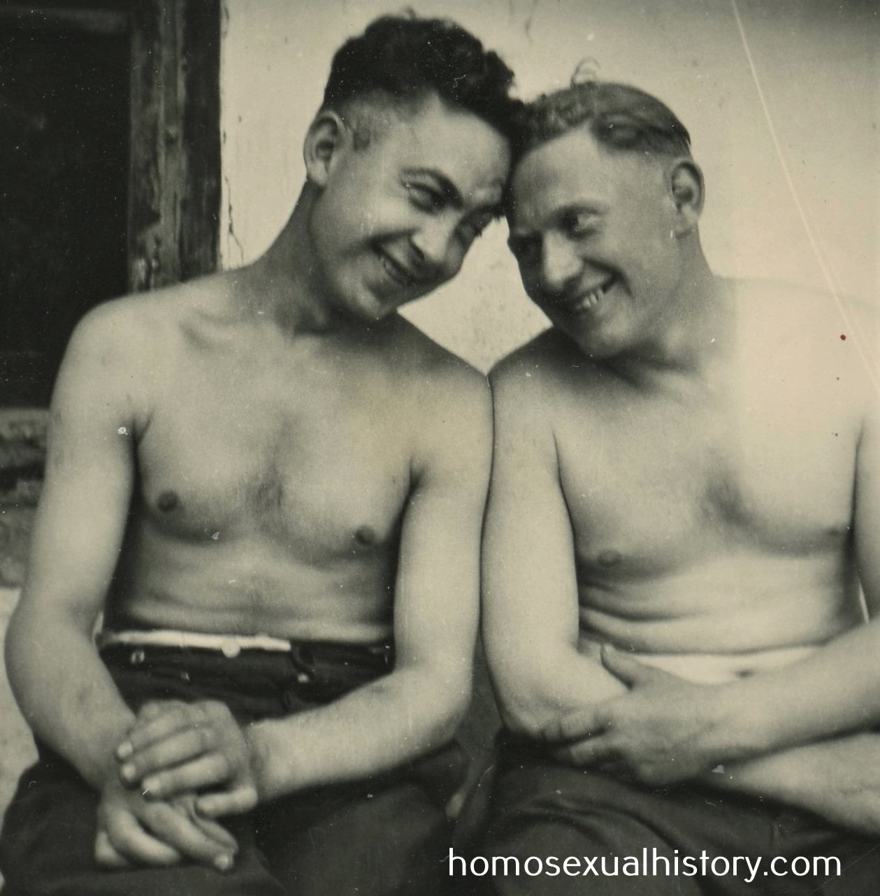 Germany - Military. 1940s. WWII. Two affectionate soldiers. Shirtless. Lean into each other. Touching. Homosexual