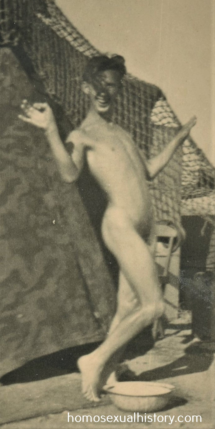Germany - Military. 1940s WWII. Naked soldier washing. Camping it up. Gay