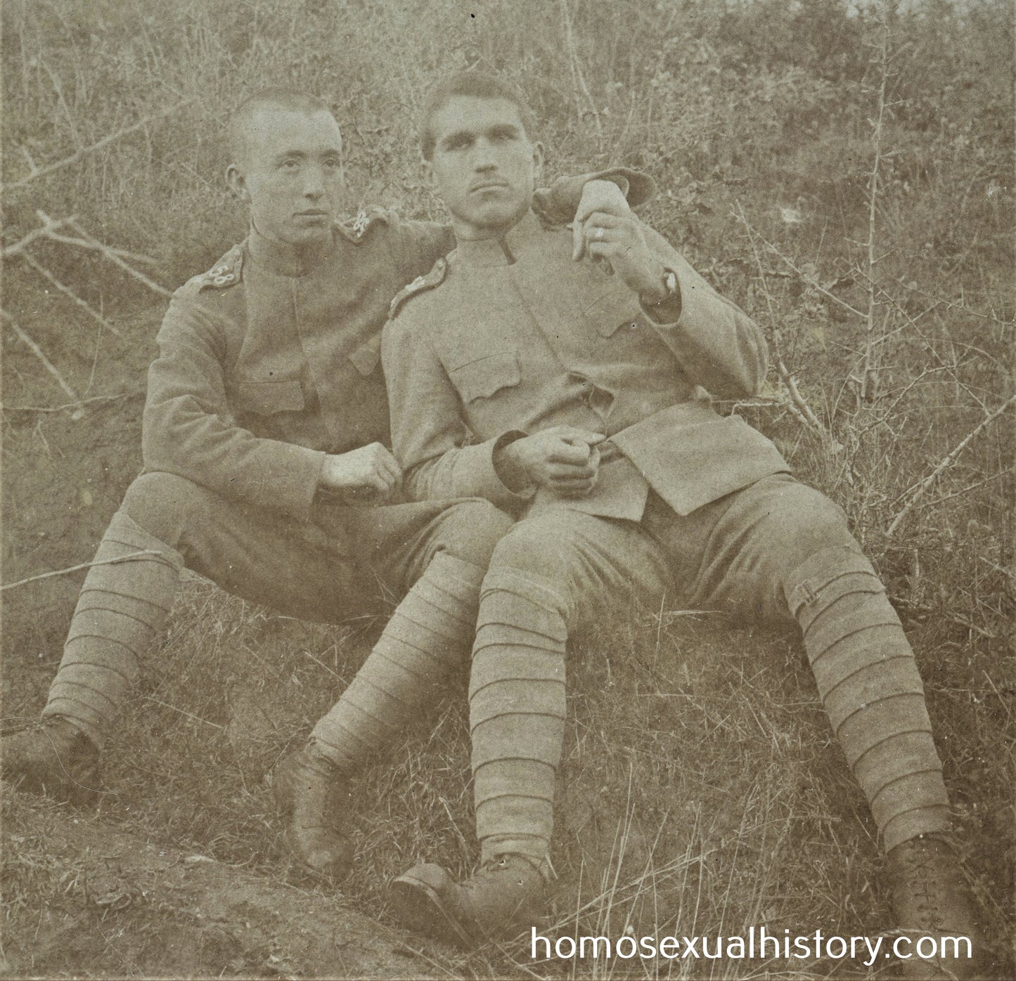 Bulgaria 1917. Two soldiers hold hands.