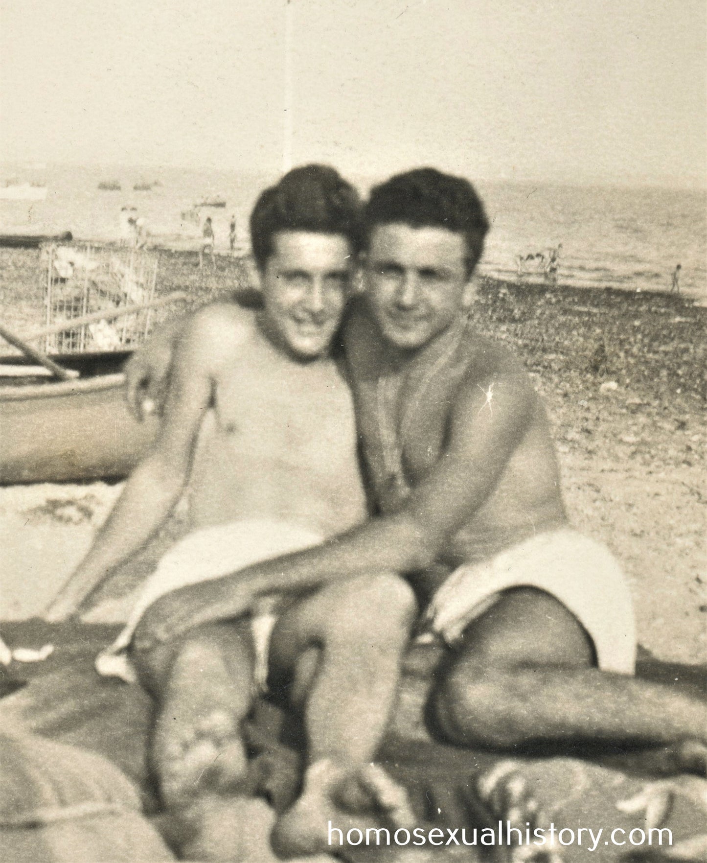 Bulgaria 1930s Two affectionate men on beach.