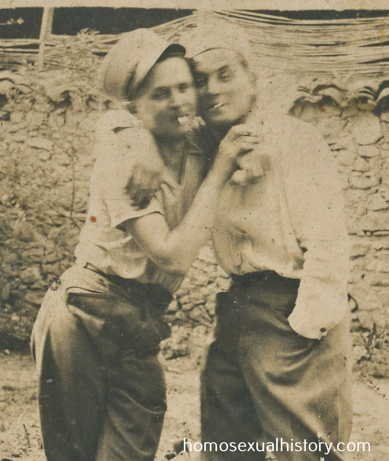 Bulgaria 1935. Two military men hug. Affection. Hug