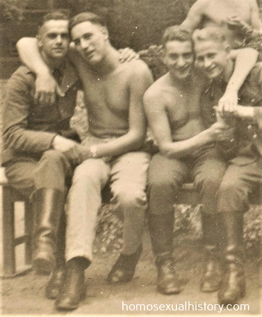 Germany - Military.  1940s WWII. Affectionate army buddies. Shirtless. Arms interlinked